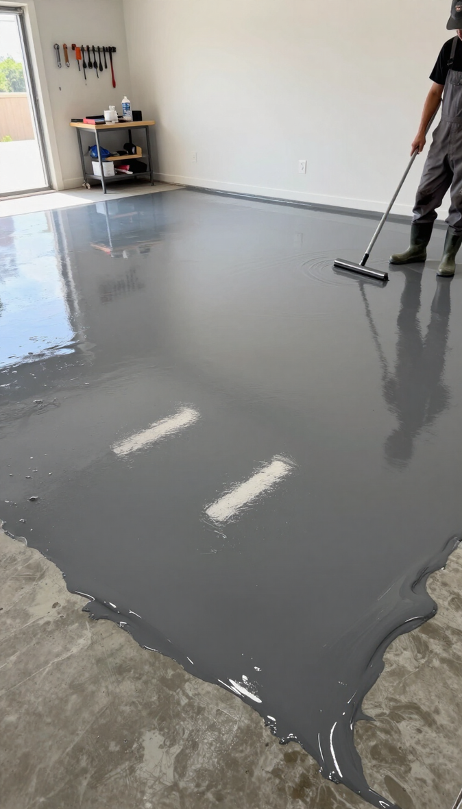 Person rolling gray floor coating on a wet concrete surface with a paint roller