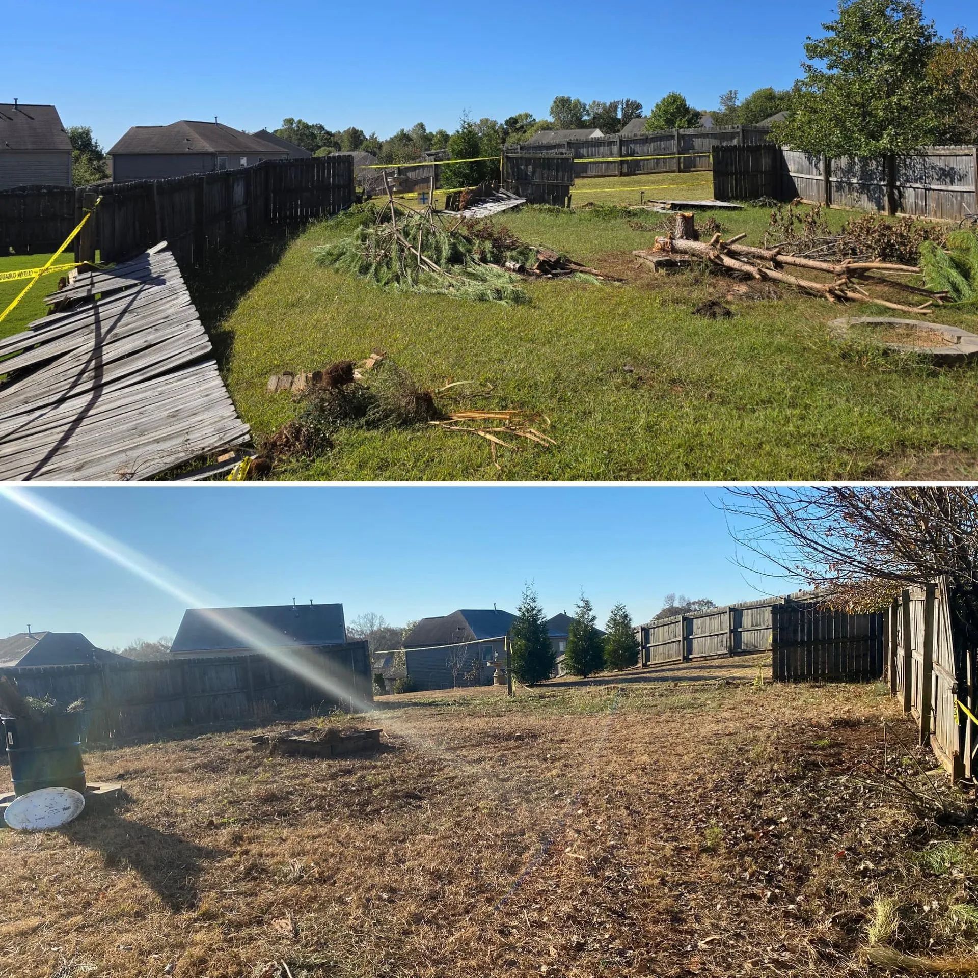Before and after shots of a backyard clearing. Green grass with debris in the top, brown leaves in the bottom.