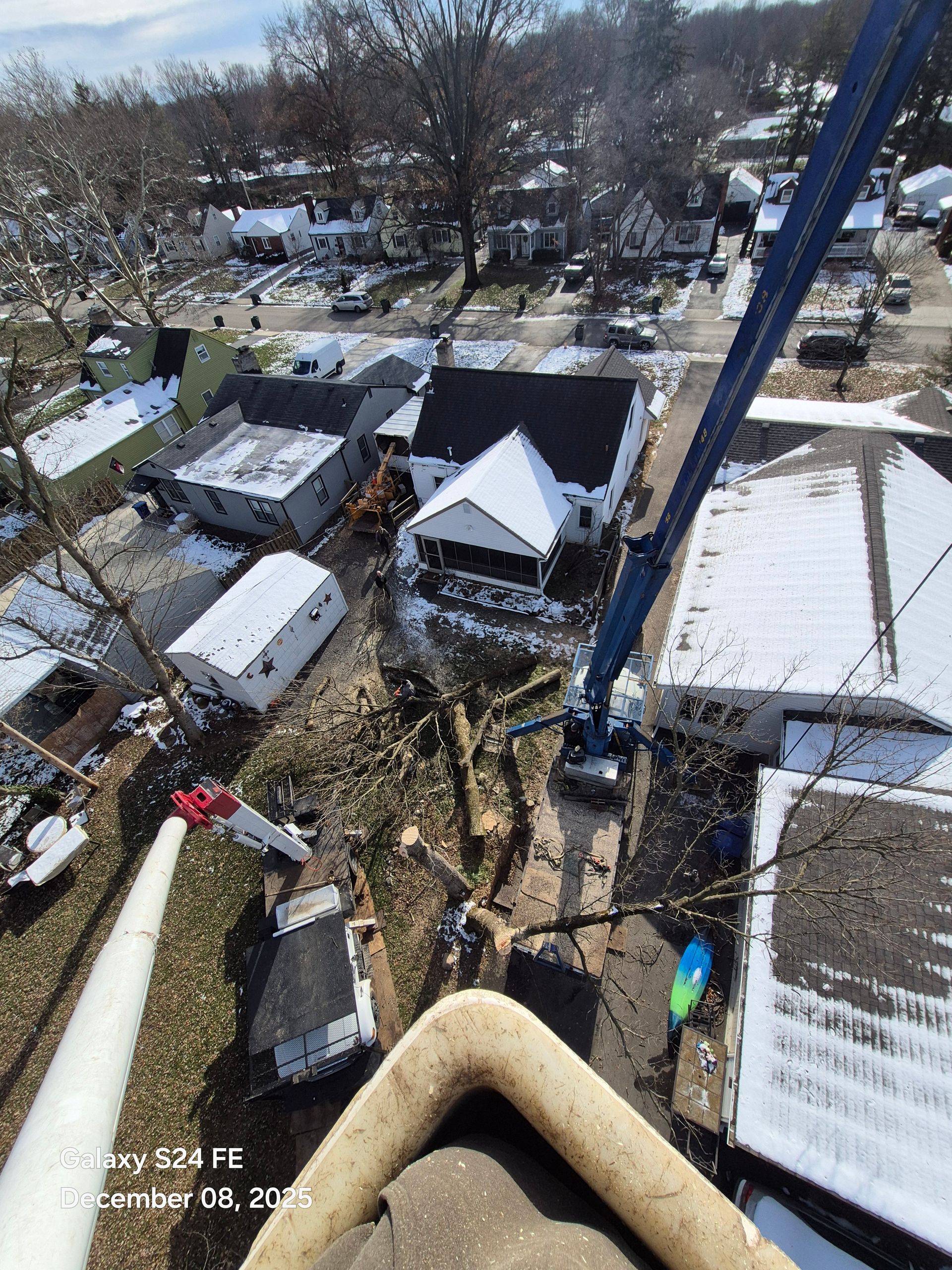 Aerial view of tree removal in snowy residential area with a lift arm.