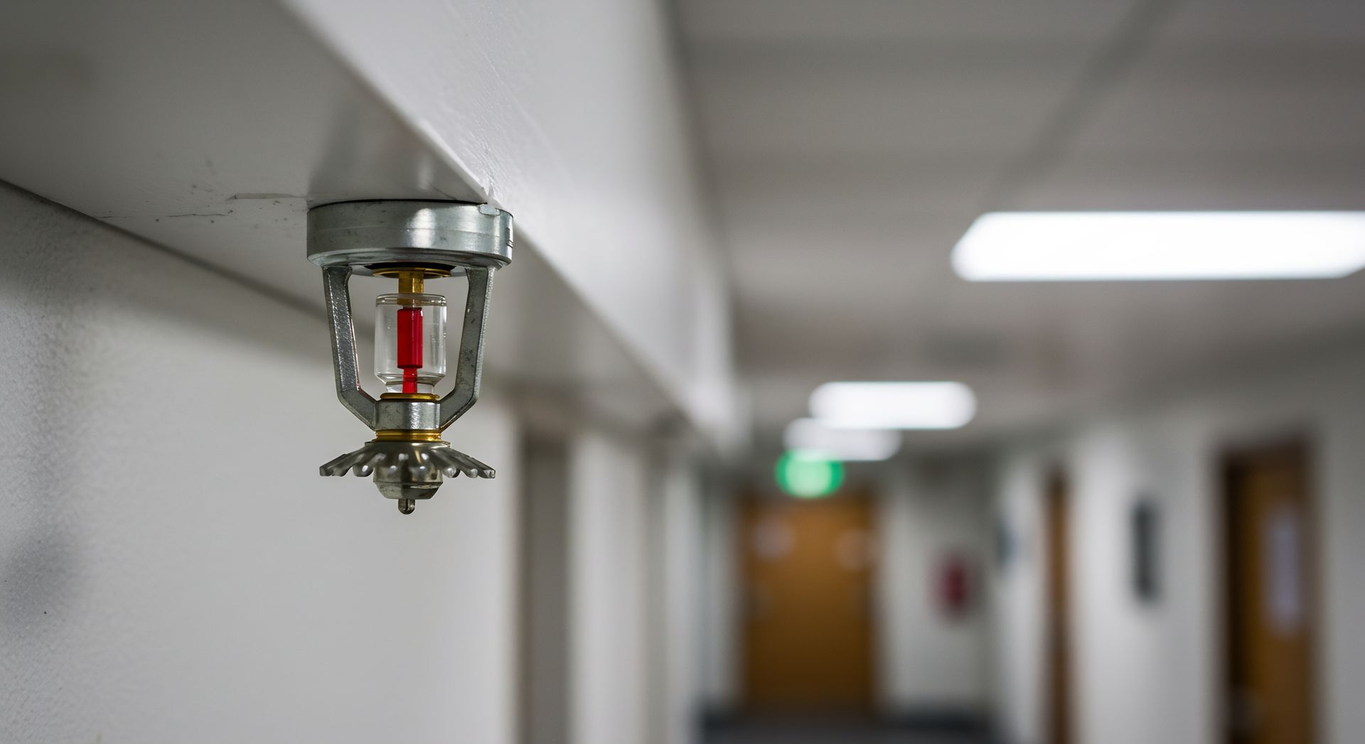 Close-up of a sprinkler head in a corridor after fire sprinkler inspection service was made. Close-up of a sprinkler head in a corridor after fire sprinkler inspection service was made.