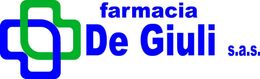 Logo della Farmacia De Giuli in blu e verde su sfondo bianco