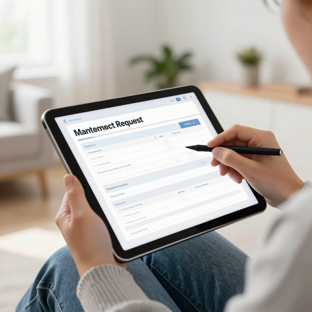 Person filling out a mentainance l form on a tablet with a stylus in a bright home setting
