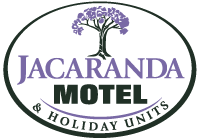 Jacaranda Motel & Holiday Units logo: purple text, dark green oval, Jacaranda tree graphic.