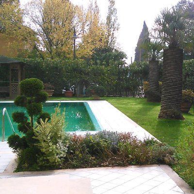 Una piscina con acqua verde, circondata da rigogliosi giardini, un cespuglio scolpito e alte palme su un prato erboso.