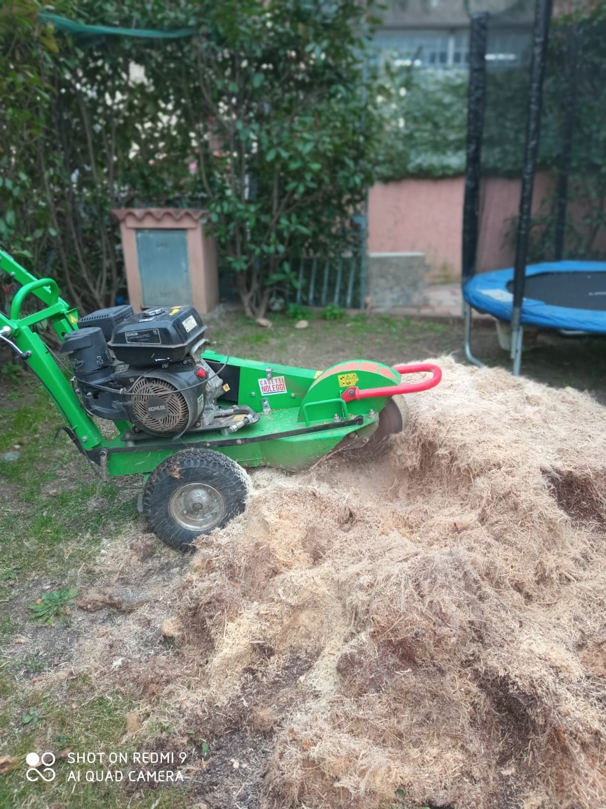 Una fresa per ceppi di colore verde è posizionata su un prato accanto a un grande mucchio di trucioli di legno, con un trampolino sullo sfondo.