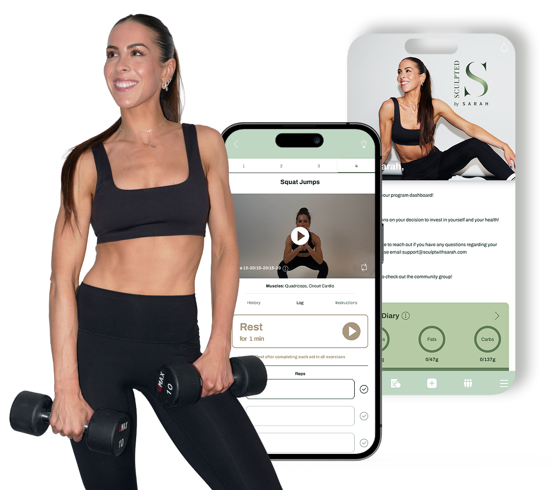 A fit person in black workout clothes holding dumbbells next to two phones displaying a fitness app interface. Sculpted by Sarah Digiovanni