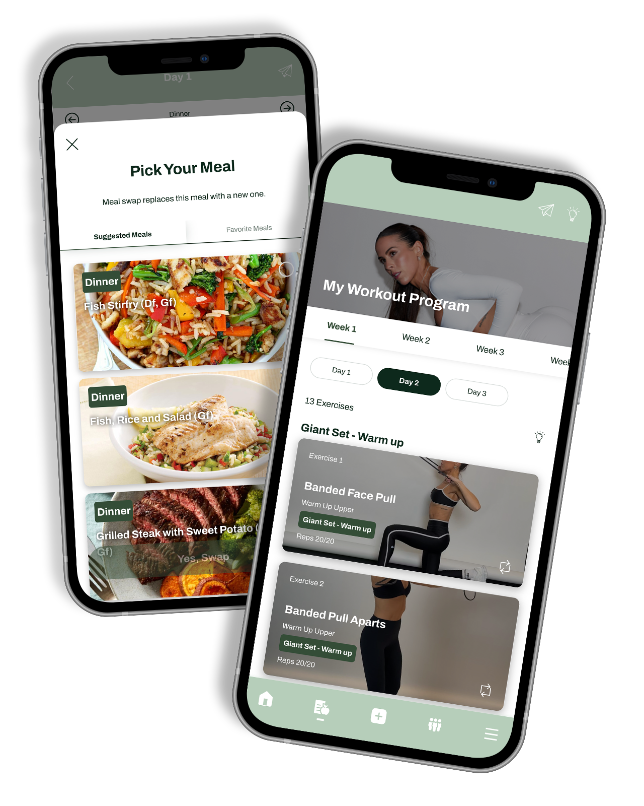 Two smartphones displaying a fitness and nutrition app with meal choices on the left and workout routines on the right. Sculpted by Sarah Digiovanni