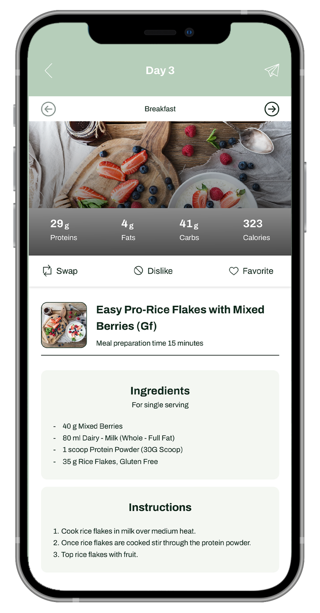 Stronger You App meal plan screen