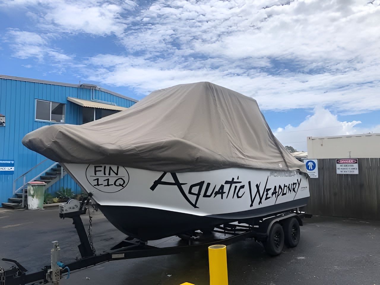 Boat on a Trailer, Covered With Tan Tarp — The Boat Cover Company In Buddina, QLD