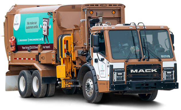 Two garbage trucks are parked next to each other on a white background.
