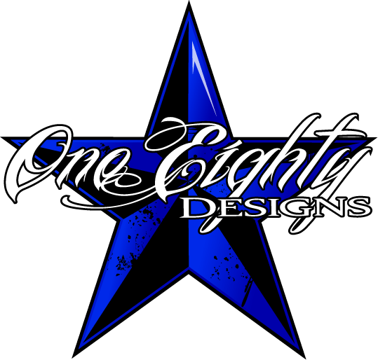A logo for one eighty designs with a blue star