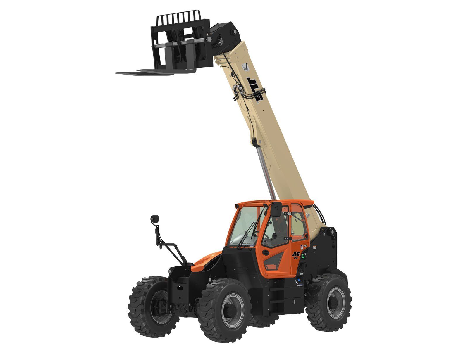 A forklift with a long fork is sitting on a white background.