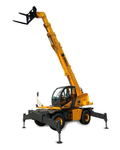 A yellow forklift with a fork attached to it on a white background.