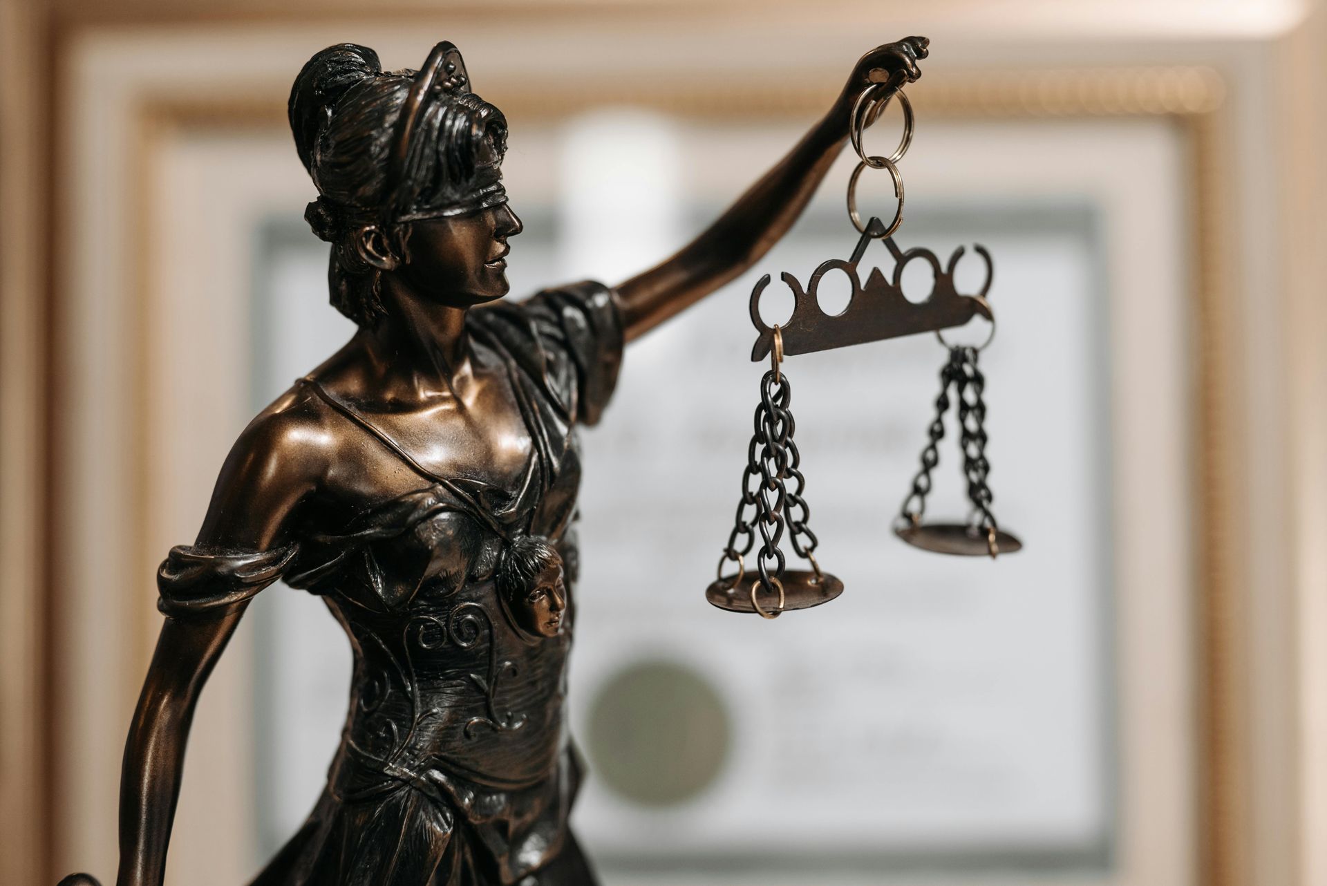 Statue symbolizing integrity, with covered eyes and holding scales, representing fairness, strength and balance
