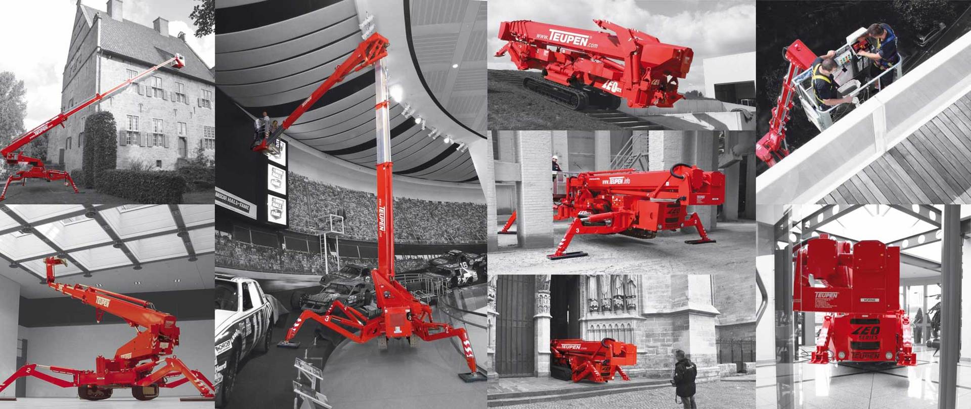 Spider lift on job sites at stadium, church, office, mall.