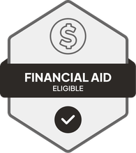 Badge: Financial Aid Eligible, blue banner, building icon, dollar sign.