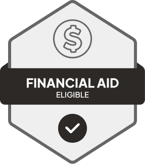 Badge: Financial Aid Eligible, blue banner, building icon, dollar sign.