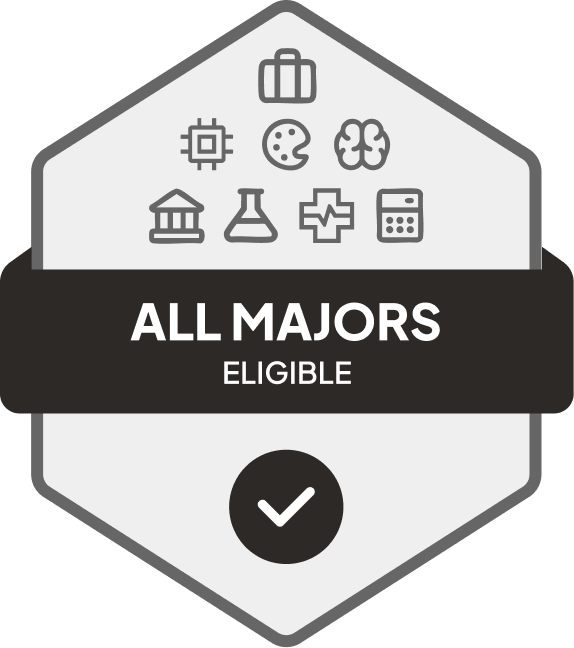 Badge with blue banner: 