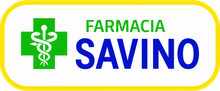 Logo della Farmacia Savino con croce verde da farmacia e testo blu su sfondo bianco.