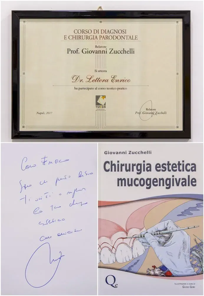 Certificato incorniciato, nota firmata e libro di testo spagnolo di chirurgia odontoiatrica su una superficie bianca