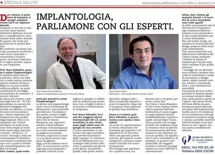 Newspaper article with two portrait photos of men and the headline “Implantologia, parliamone con gli esperti.”