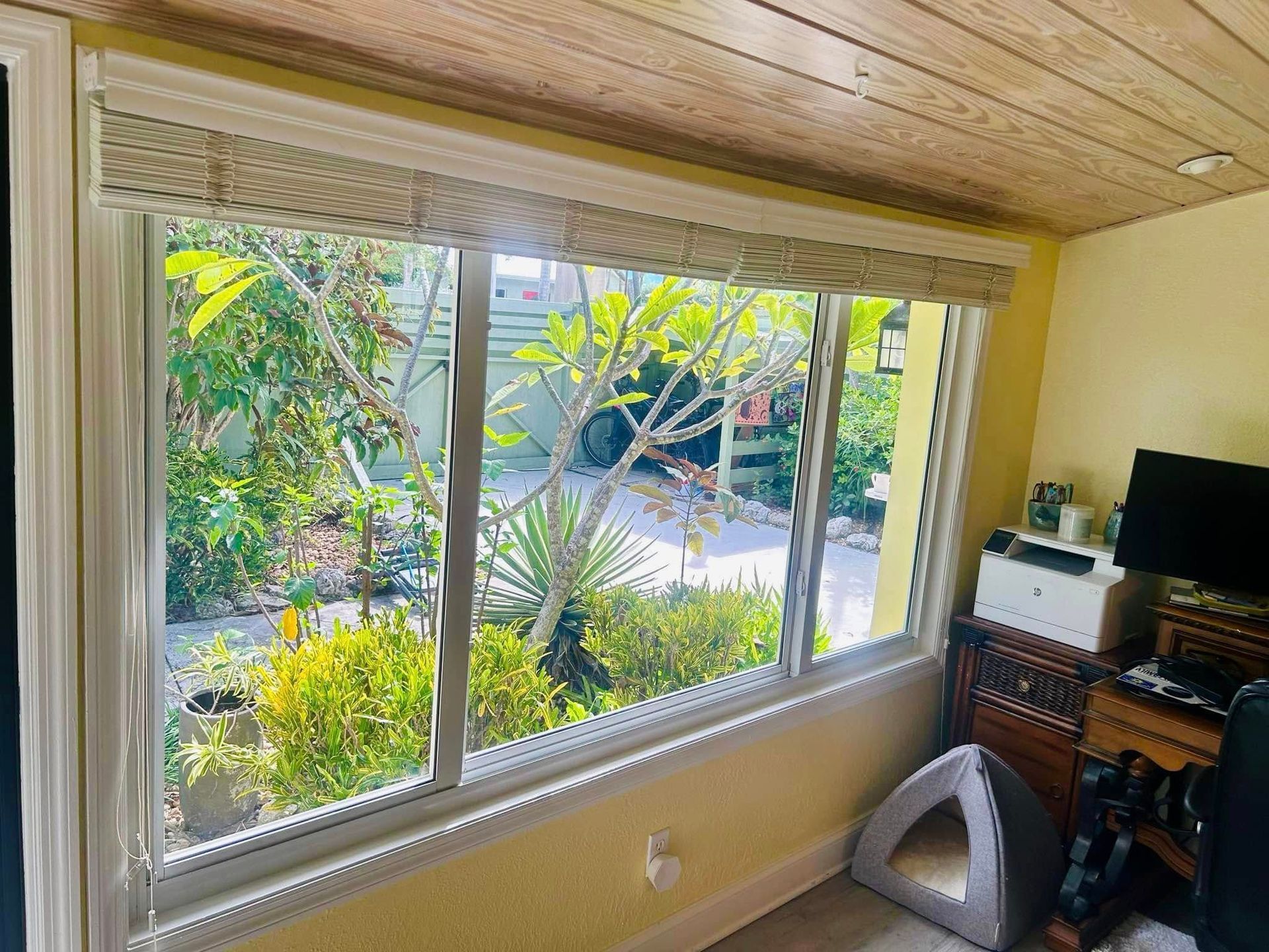 A room with a large window and a cat house in it.
