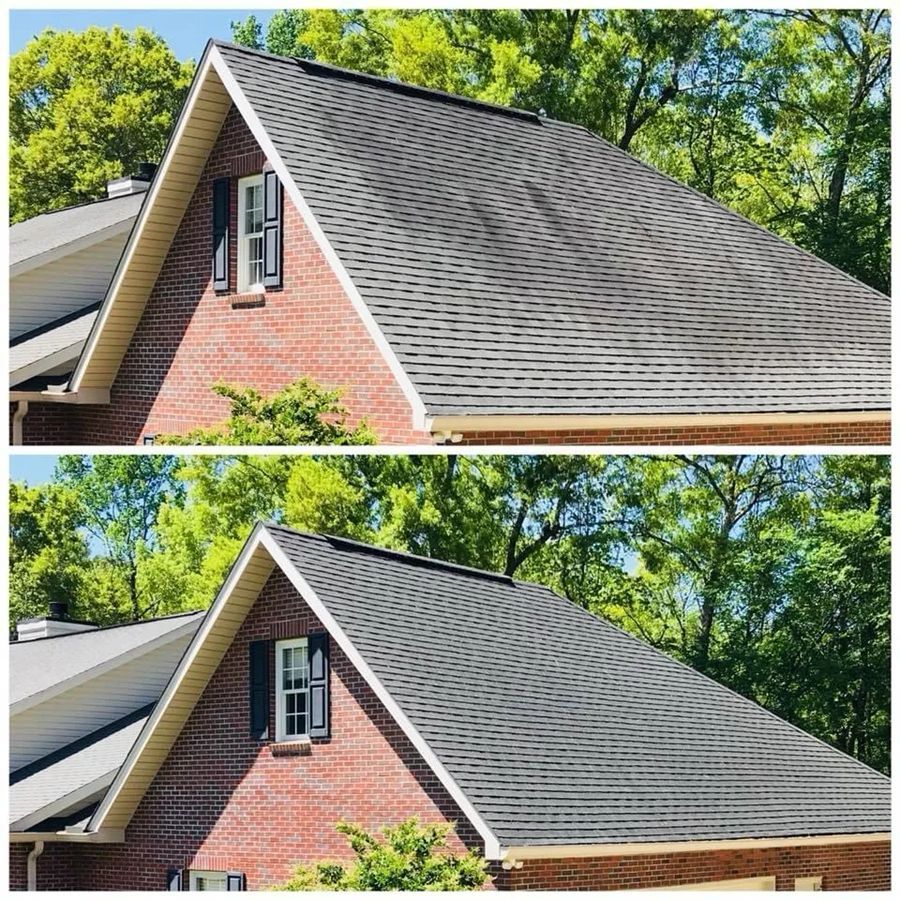 Before and after of a roof cleaning. Top section shows dirty roof, bottom shows clean roof.