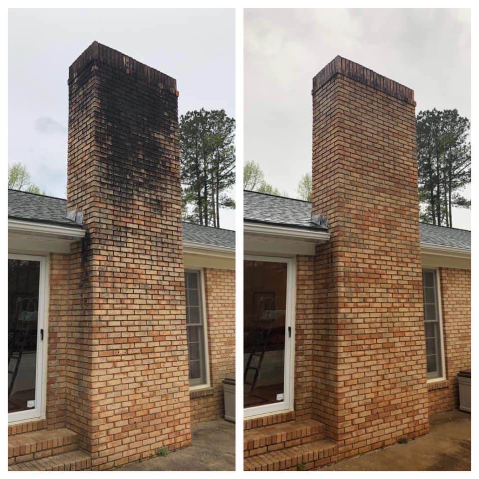 Before and after of a brick chimney: left shows dirty, black top; right shows cleaned and restored bricks.