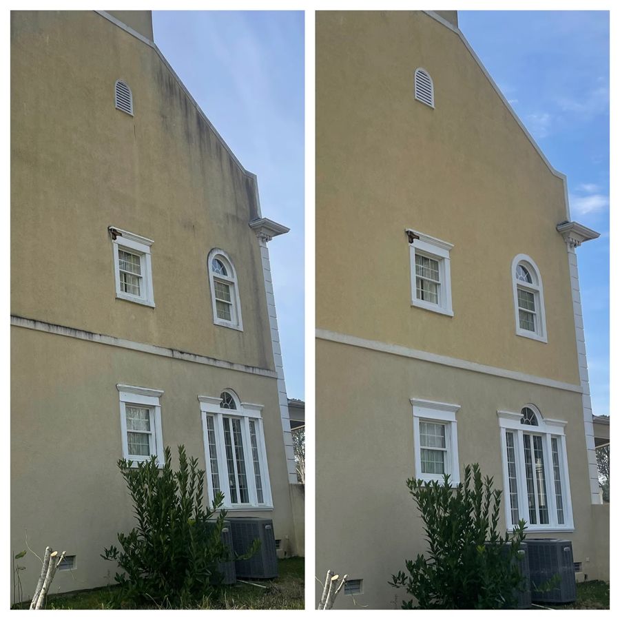 Side-by-side comparison of a house before and after power washing. The
