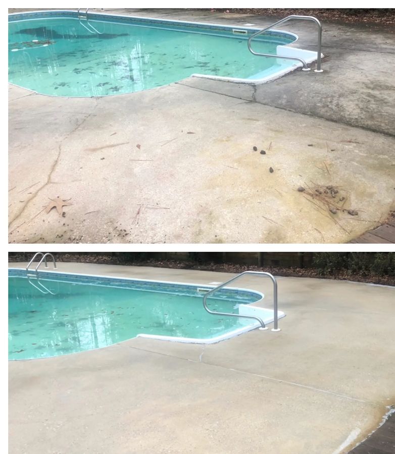 Before/after comparison of a pool and surrounding concrete; concrete cleaned, water clear.