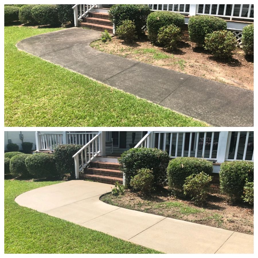 Top half: Before power washing a concrete walkway. Bottom half: After power washing, walkway is lighter.