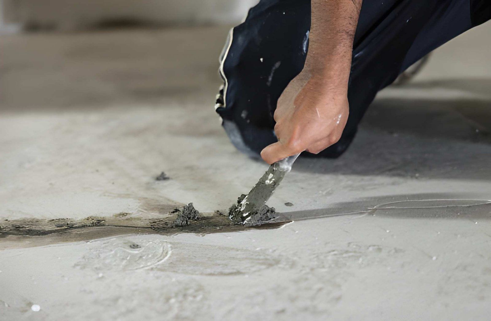 Person scraping mortar from a concrete floor with a trowel, kneeling beside the repair area