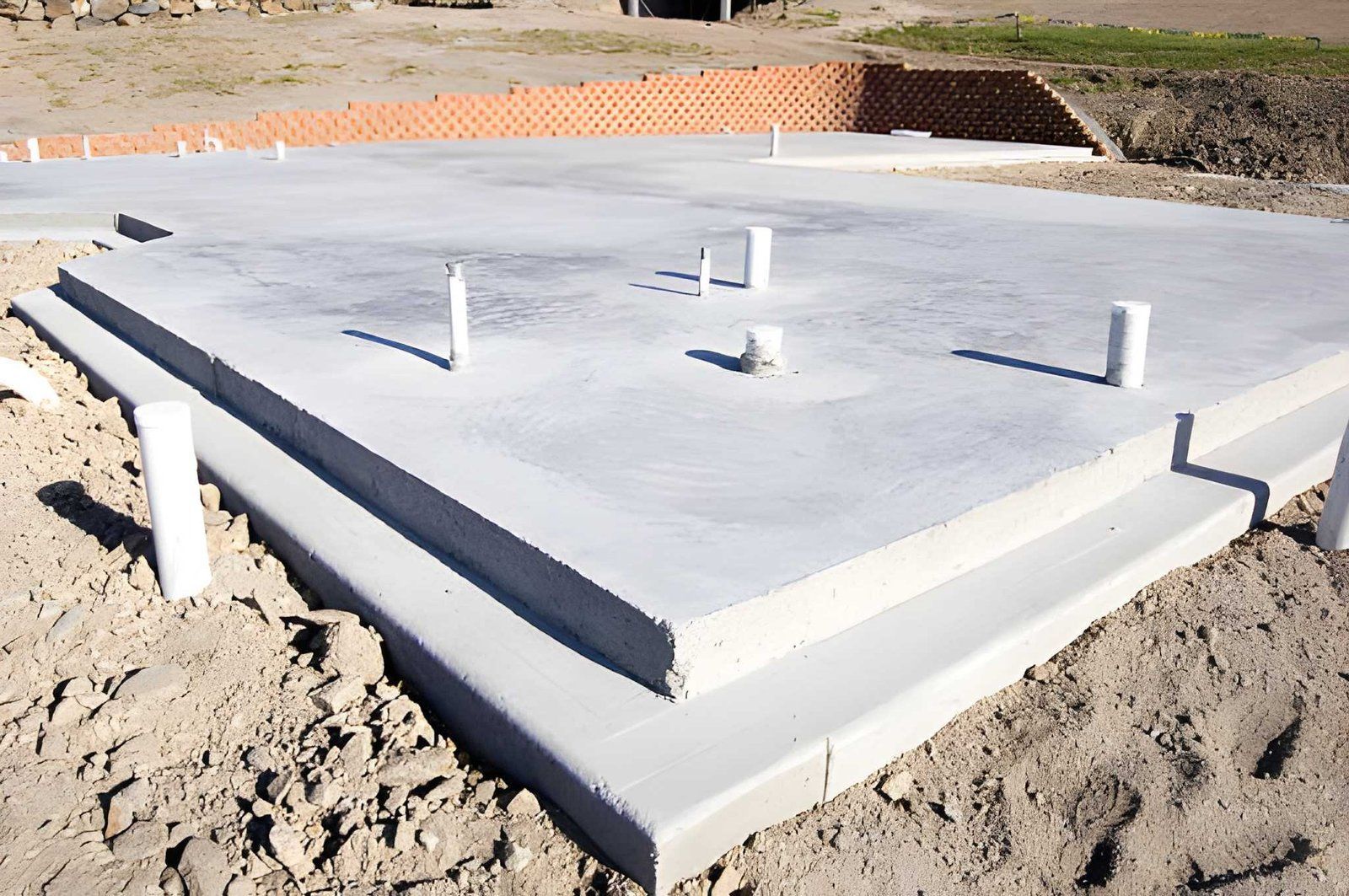 Concrete foundation slab with protruding pipes at a construction site