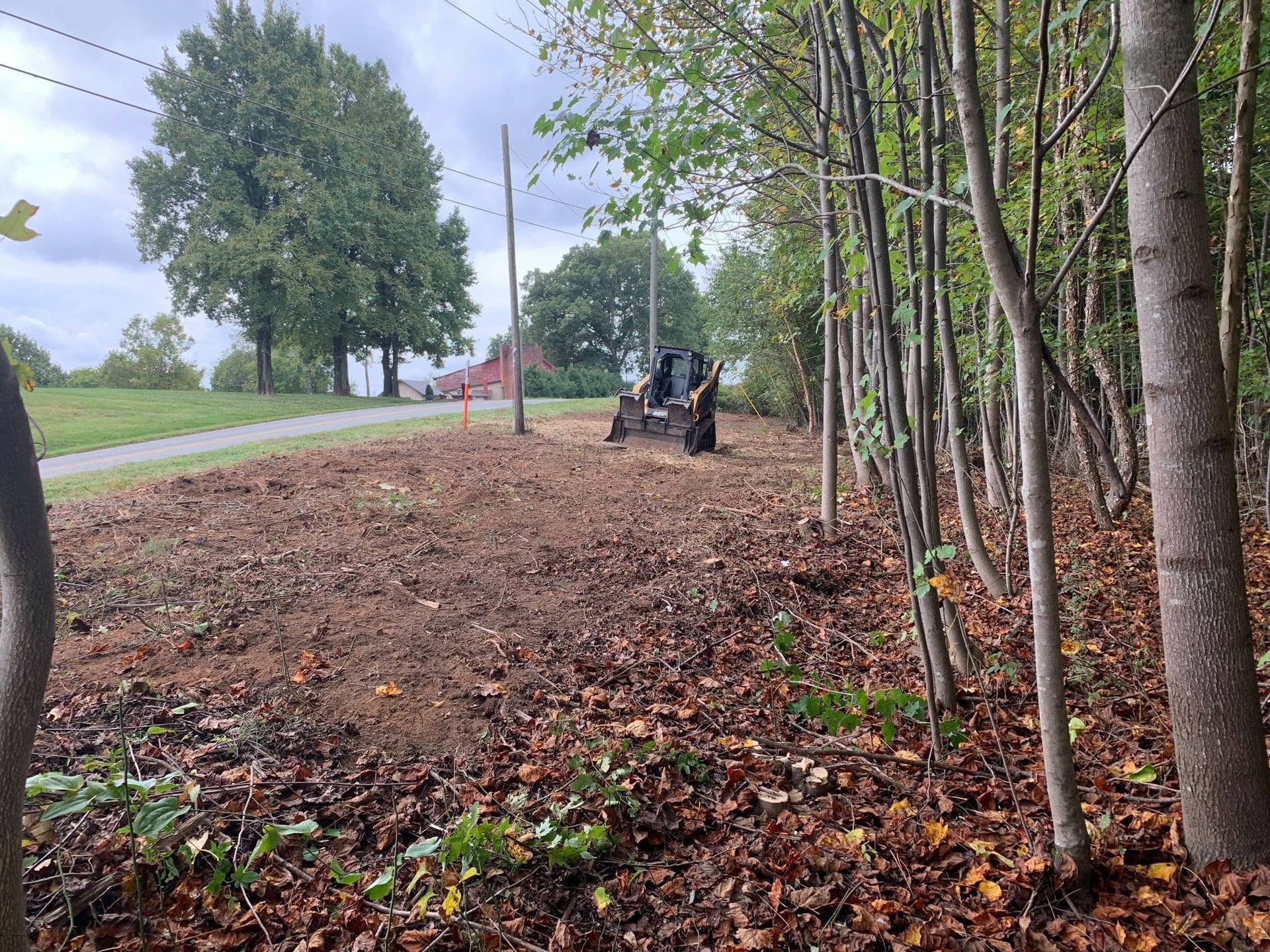 Wooded roadside with a parked tractor near a dirt path and trees under a cloudy sky