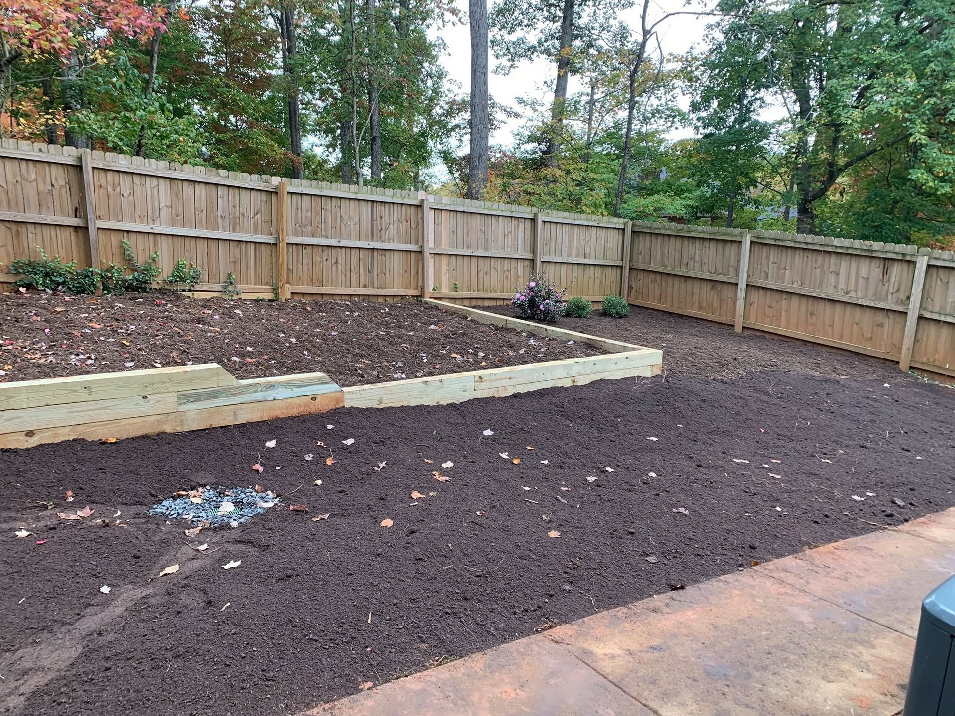 Empty fenced backyard with raised garden beds and newly spread soil under trees
