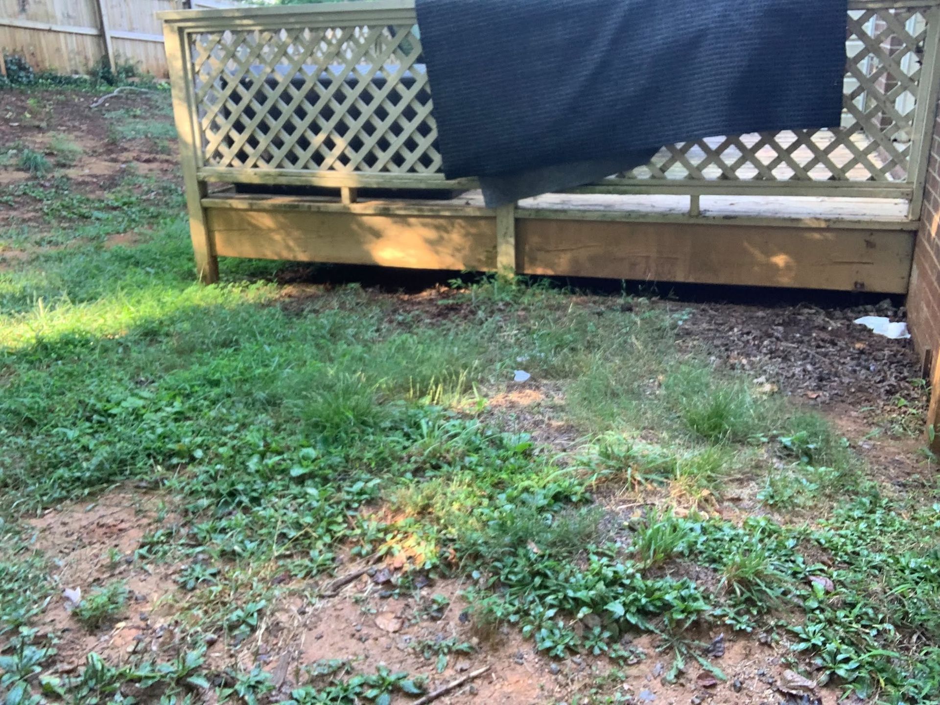 Backyard with a wooden deck and lattice railing above patchy grass and dirt