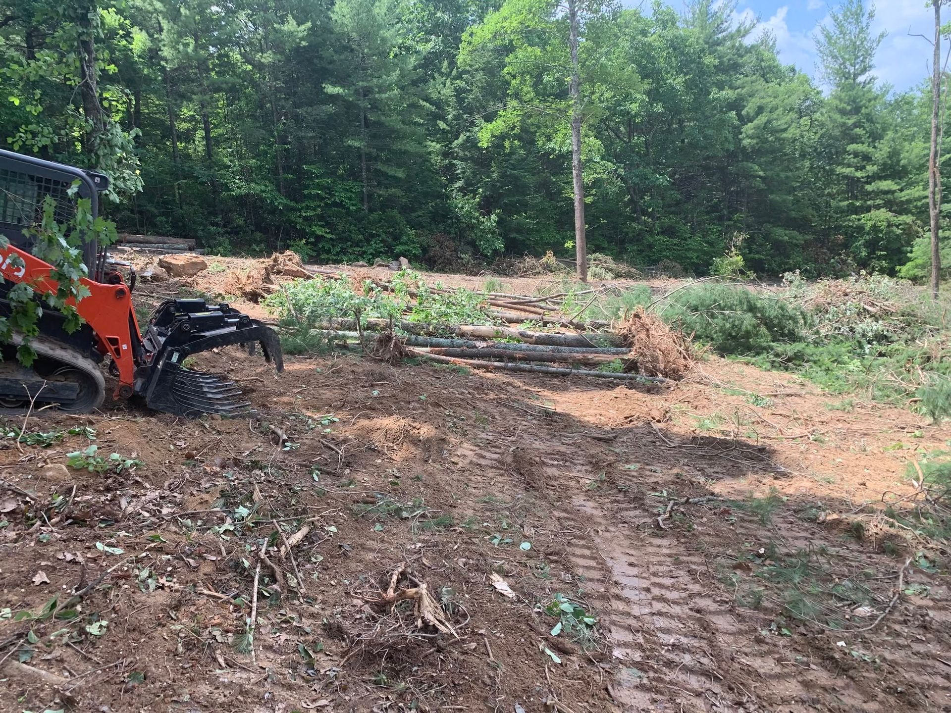 Rough dirt clearing with tire tracks and a small orange excavator at left, bordered by green trees.