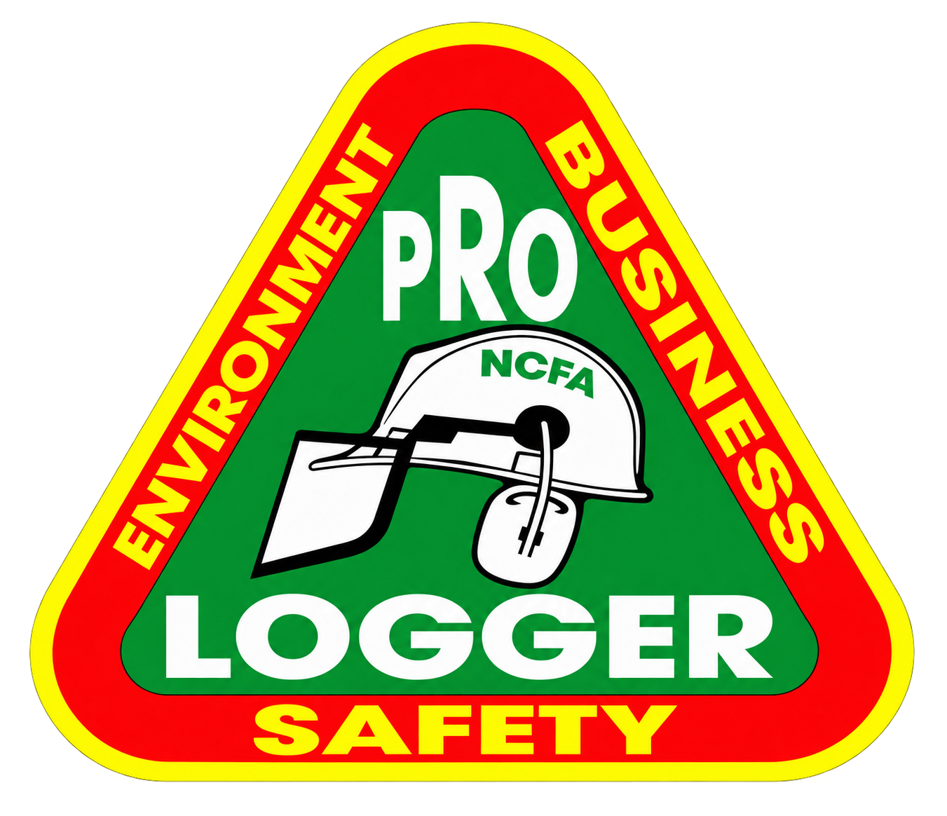 Triangular green, yellow, and red Pro Logger Safety sign with log icon and “Environment” and “Business” text