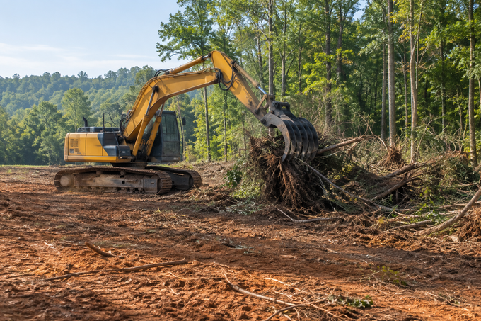 Large tree stump in a wooded area, with exposed roots and freshly cut top.