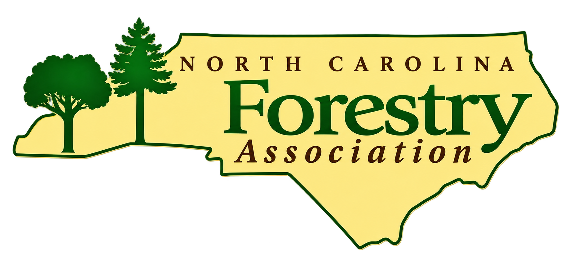 North Carolina Forestry Association logo with green tree, yellow state outline, and text on cream background
