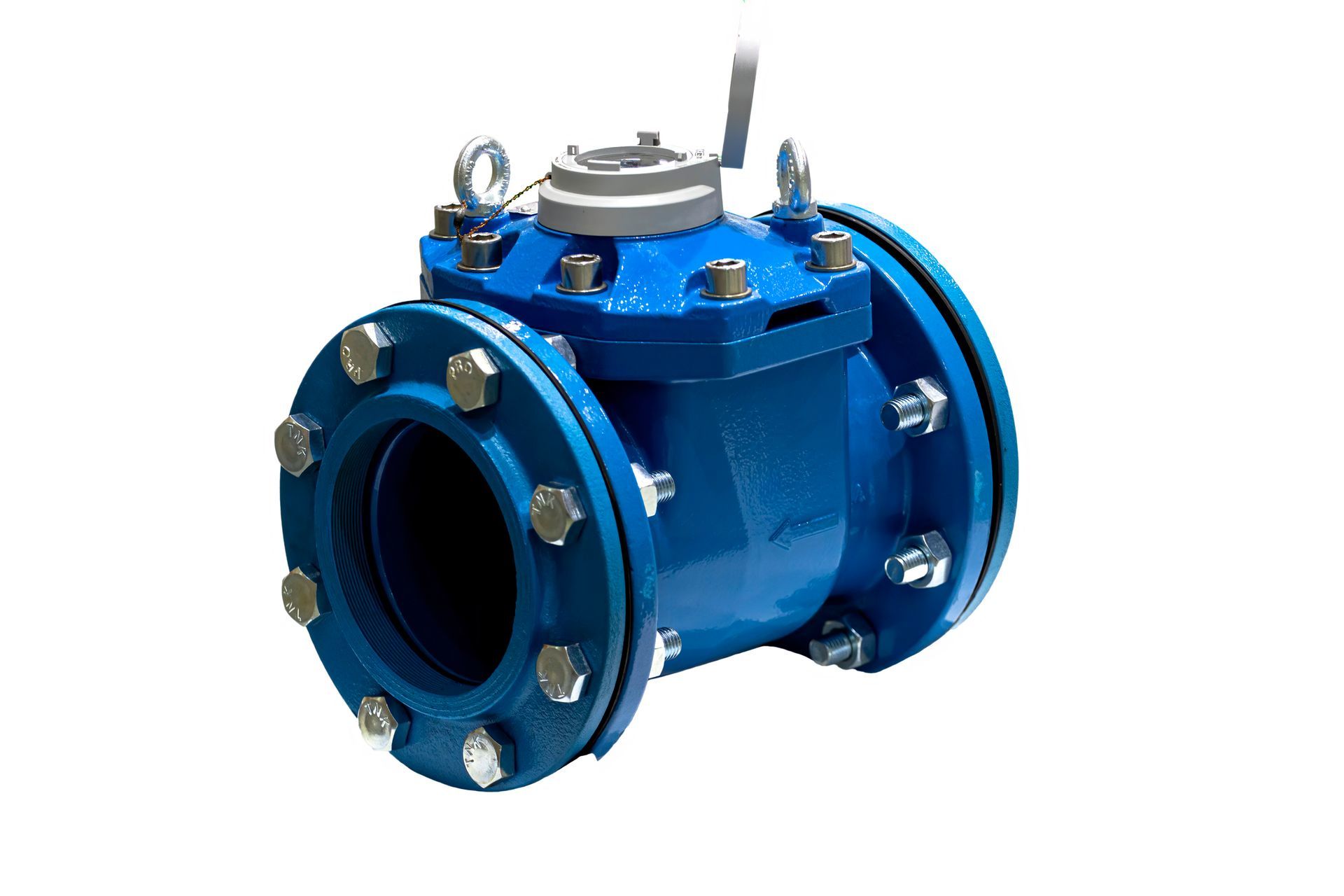 Blue industrial valve with bolted flanges, lifting loops, and a handle.