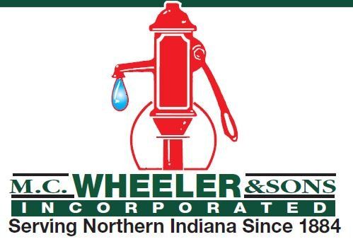 Red water pump logo for M.C. Wheeler & Sons, Inc., with blue water droplet and green banner 