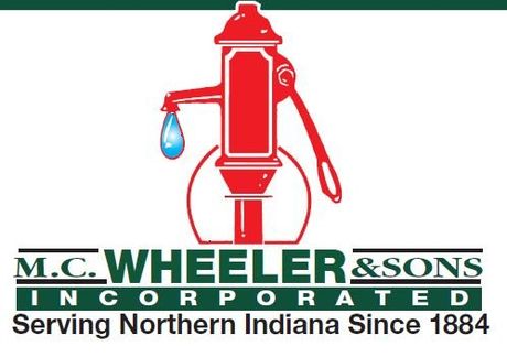 Red water pump logo for M.C. Wheeler & Sons, Inc., with blue water droplet and green banner 