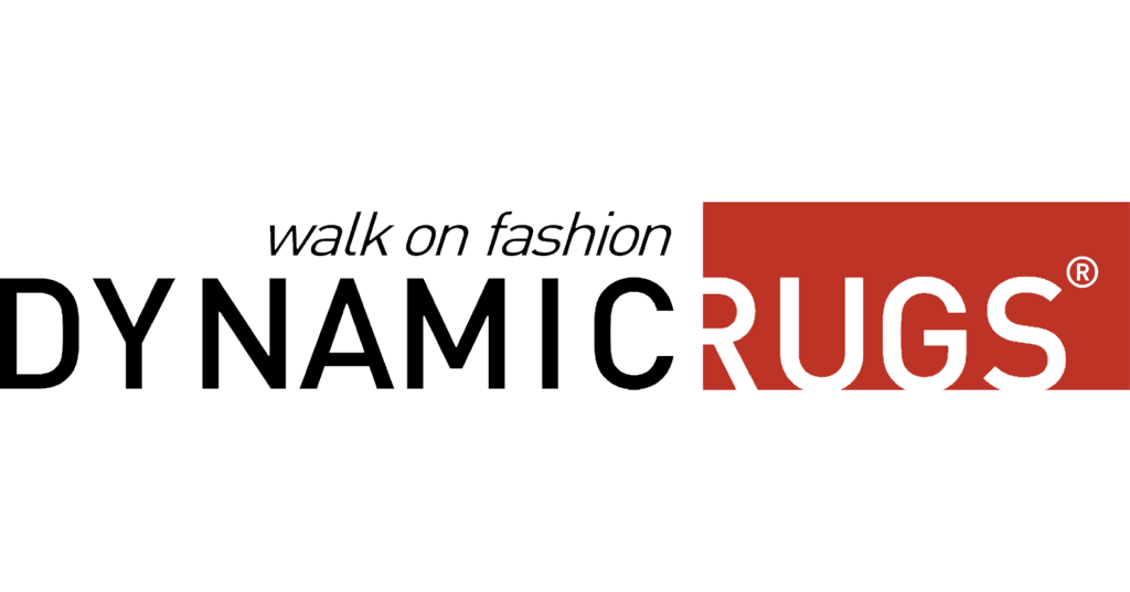 Dynamic Rugs logo with “walk on fashion” tagline in black and red text.