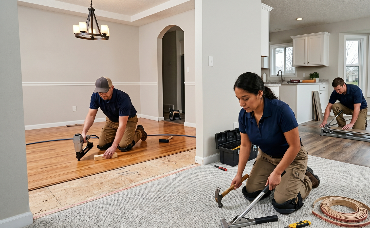Two workers installing hardwood flooring in a bright living room, one kneeling with a tool and one smoothing boards.