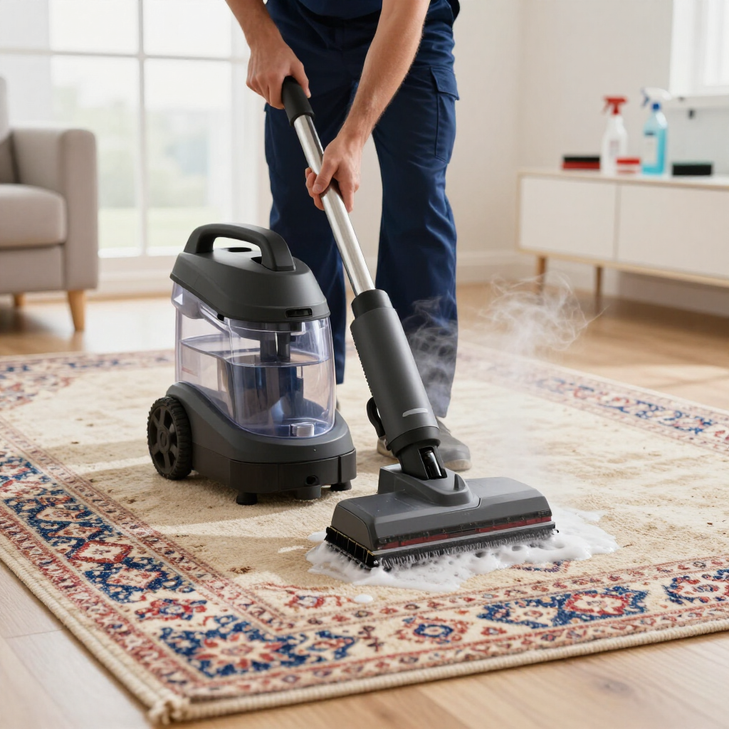 Person steam-cleans a patterned rug in a living room with a carpet cleaner.