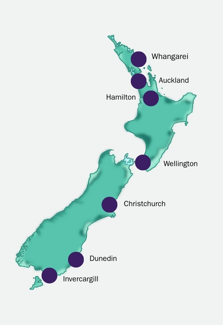 Map of NZ with Whangarei, Auckland, Wellington, Hamilton, Christchurch, Dunedin and Invercargill