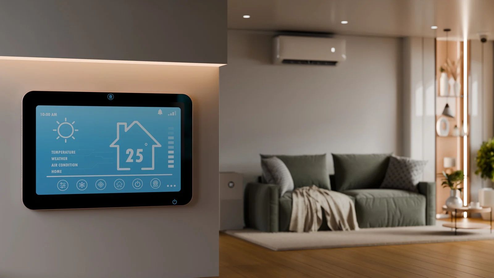 Modern living room with a wall-mounted thermostat and a blue digital display reading 25°C