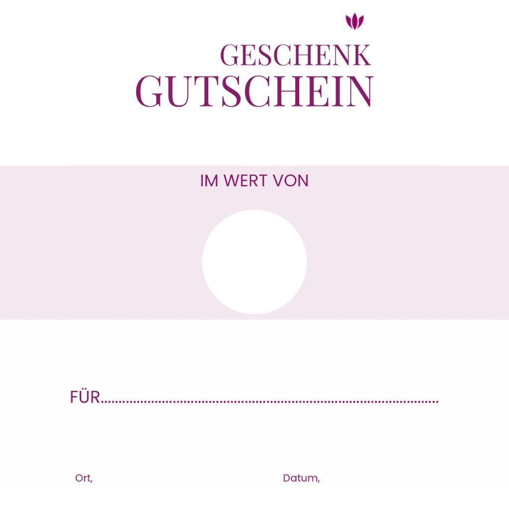 Ein leerer Geschenkgutschein in Weiß und zartem Lila mit Feldern für Wert, Empfänger, Ort und Datum.