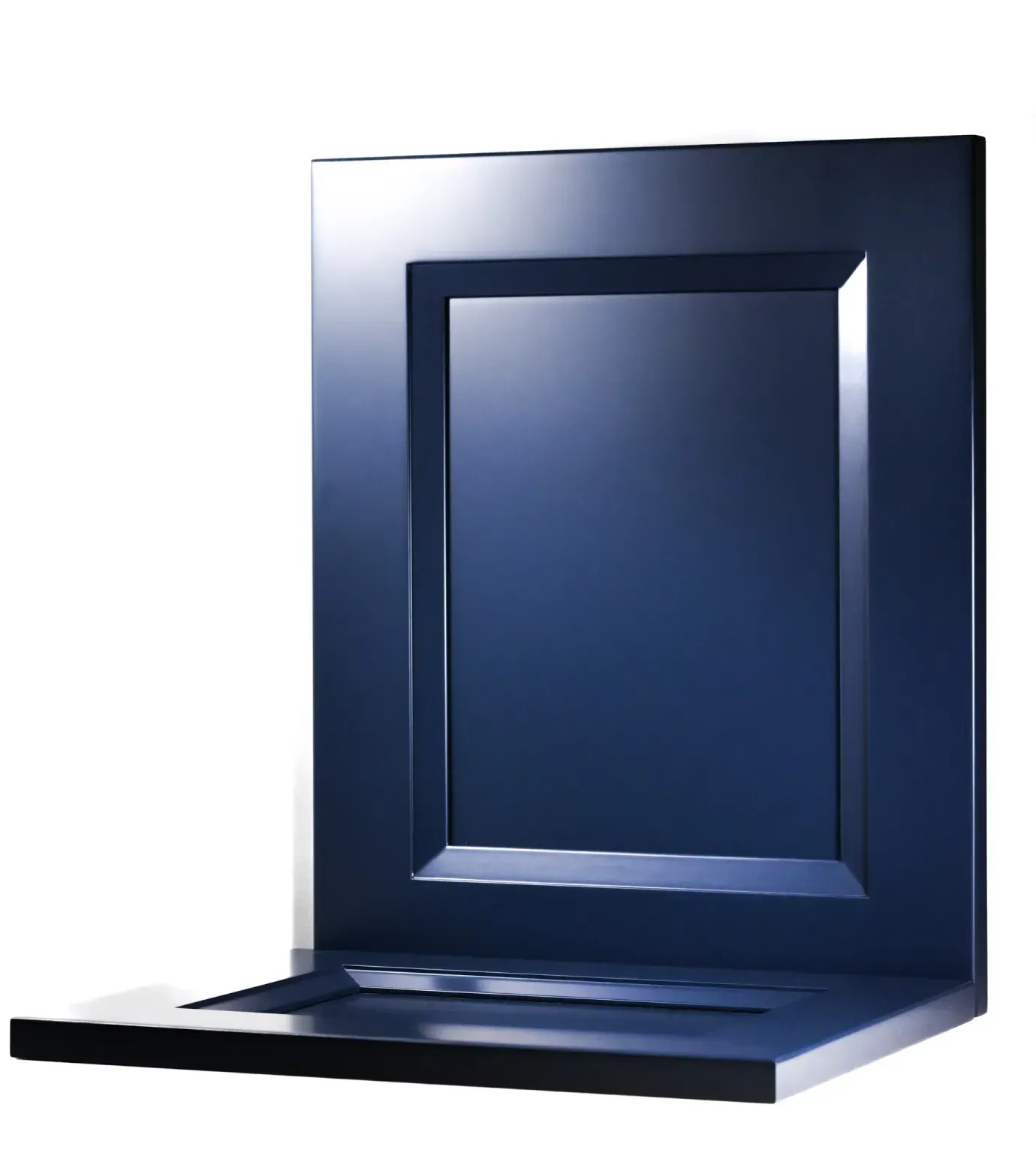 Blue metal wall-mounted shelf with a fold-down shelf panel